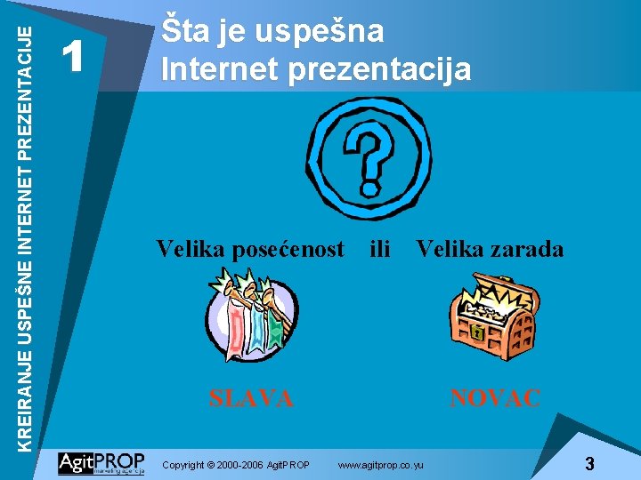 KREIRANJE USPEŠNE INTERNET PREZENTACIJE 1 Šta je uspešna Internet prezentacija Velika posećenost ili Velika