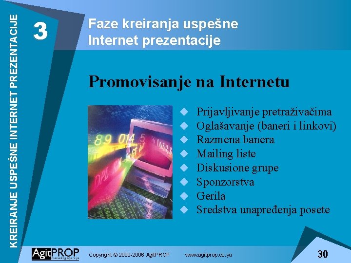 KREIRANJE USPEŠNE INTERNET PREZENTACIJE 3 Faze kreiranja uspešne Internet prezentacije Promovisanje na Internetu u