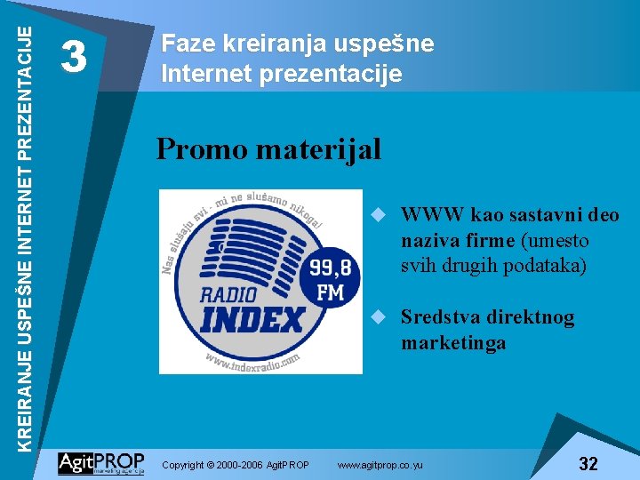 KREIRANJE USPEŠNE INTERNET PREZENTACIJE 3 Faze kreiranja uspešne Internet prezentacije Promo materijal u WWW