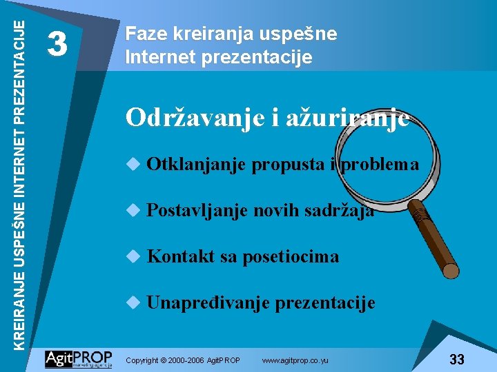 KREIRANJE USPEŠNE INTERNET PREZENTACIJE 3 Faze kreiranja uspešne Internet prezentacije Održavanje i ažuriranje u