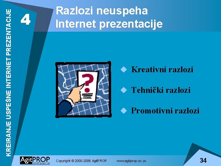 KREIRANJE USPEŠNE INTERNET PREZENTACIJE 4 Razlozi neuspeha Internet prezentacije u Kreativni razlozi u Tehnički