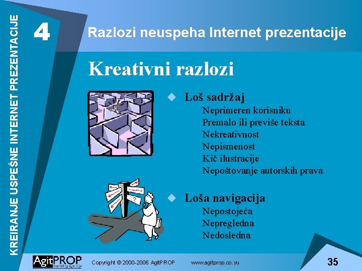 KREIRANJE USPEŠNE INTERNET PREZENTACIJE 4 Razlozi neuspeha Internet prezentacije Kreativni razlozi u Loš sadržaj