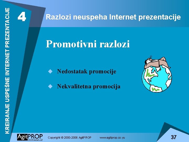 KREIRANJE USPEŠNE INTERNET PREZENTACIJE 4 Razlozi neuspeha Internet prezentacije Promotivni razlozi u Nedostatak promocije