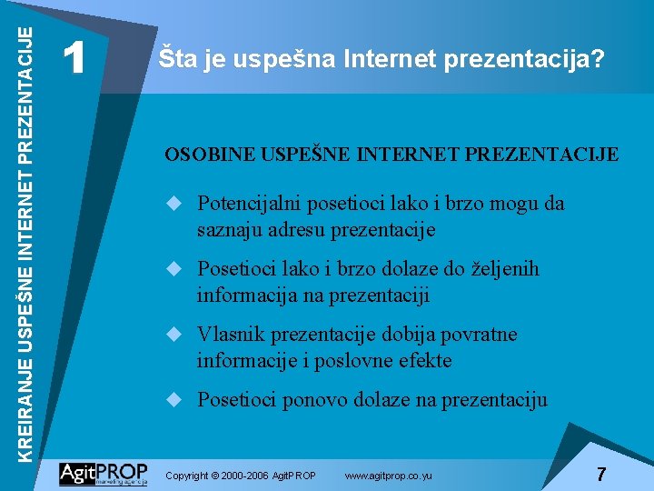 KREIRANJE USPEŠNE INTERNET PREZENTACIJE 1 Šta je uspešna Internet prezentacija? OSOBINE USPEŠNE INTERNET PREZENTACIJE