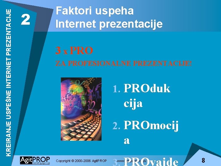 KREIRANJE USPEŠNE INTERNET PREZENTACIJE 2 Faktori uspeha Internet prezentacije 3 x PRO ZA PROFESIONALNE