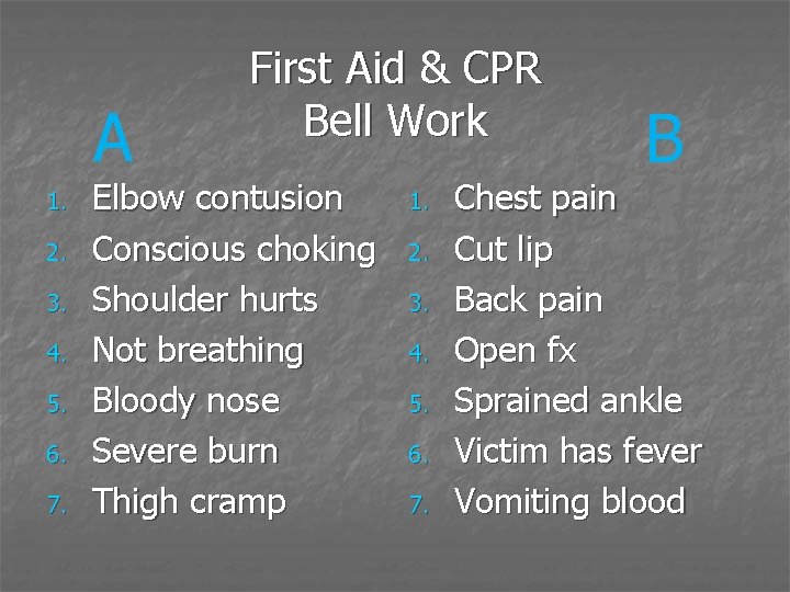 A 1. 2. 3. 4. 5. 6. 7. First Aid & CPR Bell Work