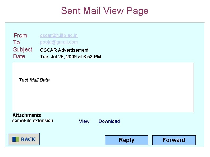 Sent Mail View Page From To Subject Date oscar@it. iitb. ac. in pooja@gmail. com