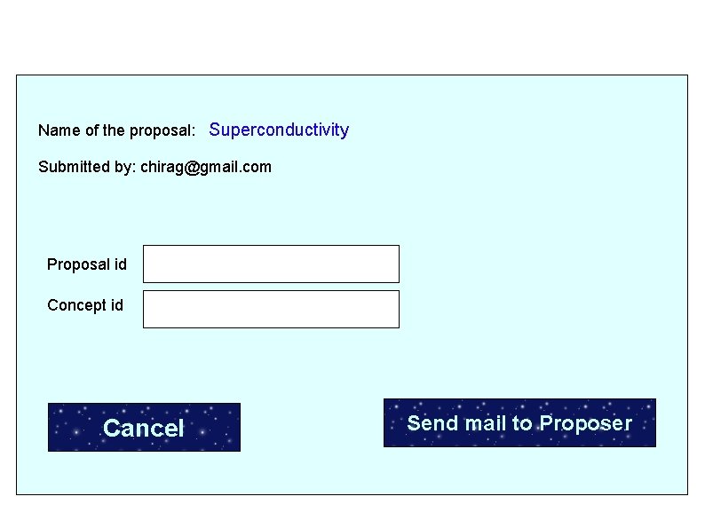 Name of the proposal: Superconductivity Submitted by: chirag@gmail. com Proposal id Concept id Cancel