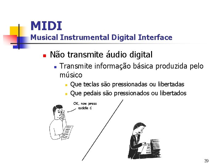 MIDI Musical Instrumental Digital Interface n Não transmite áudio digital n Transmite informação básica