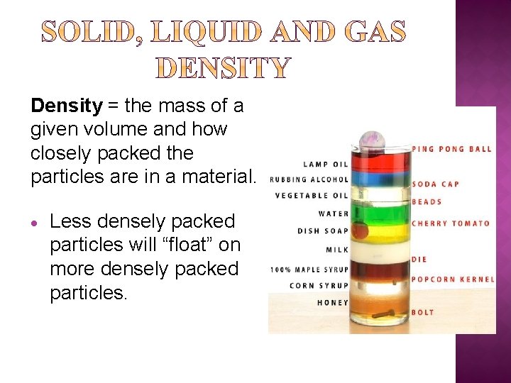 Density = the mass of a given volume and how closely packed the particles