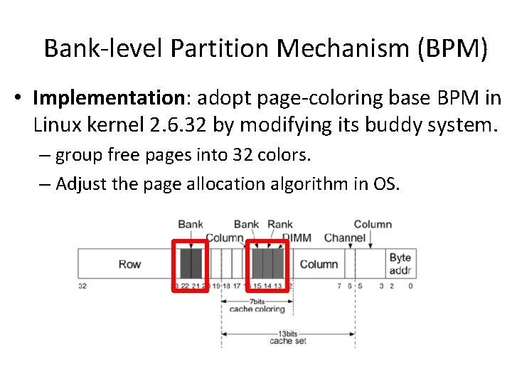 Bank-level Partition Mechanism (BPM) • Implementation: adopt page-coloring base BPM in Linux kernel 2.