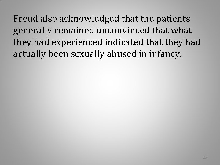 Freud also acknowledged that the patients generally remained unconvinced that what they had experienced Freud also acknowledged that the patients generally remained unconvinced that what they had experienced