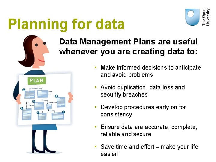 Planning for data Data Management Plans are useful whenever you are creating data to: