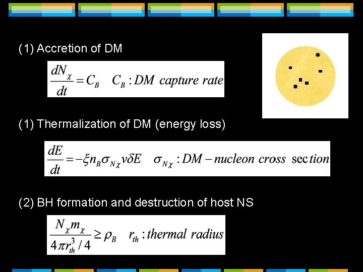 (1) Accretion of DM (1) Thermalization of DM (energy loss) (2) BH formation and
