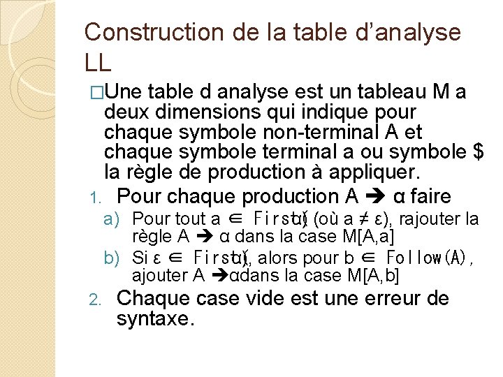 Construction de la table d’analyse LL �Une table d analyse est un tableau M