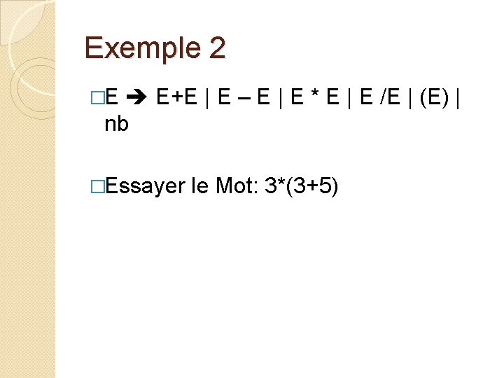 Exemple 2 �E E+E | E – E | E * E | E