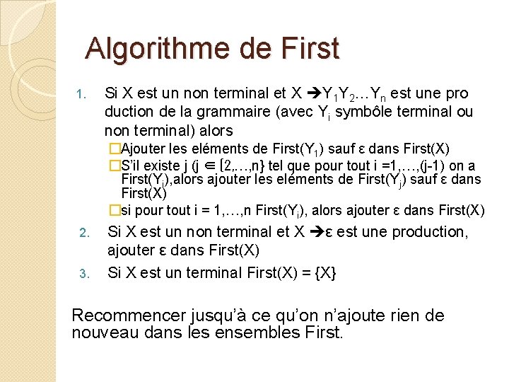 Algorithme de First 1. Si X est un non terminal et X Y 1