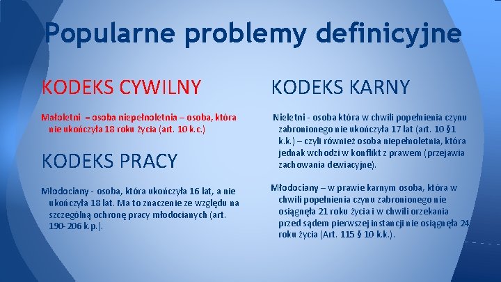 Popularne problemy definicyjne KODEKS CYWILNY KODEKS KARNY Małoletni = osoba niepełnoletnia – osoba, która