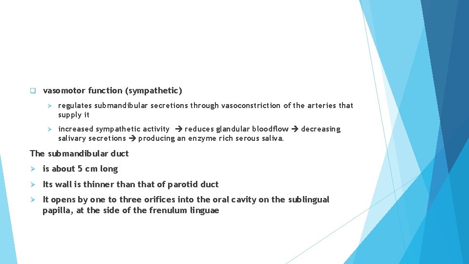 q vasomotor function (sympathetic) Ø regulates submandibular secretions through vasoconstriction of the arteries that