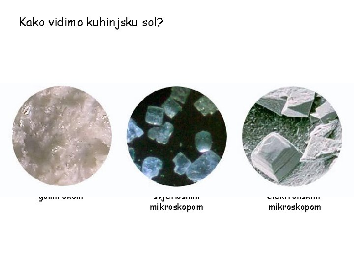 Kako vidimo kuhinjsku sol? golim okom svjetlosnim mikroskopom elektronskim mikroskopom 