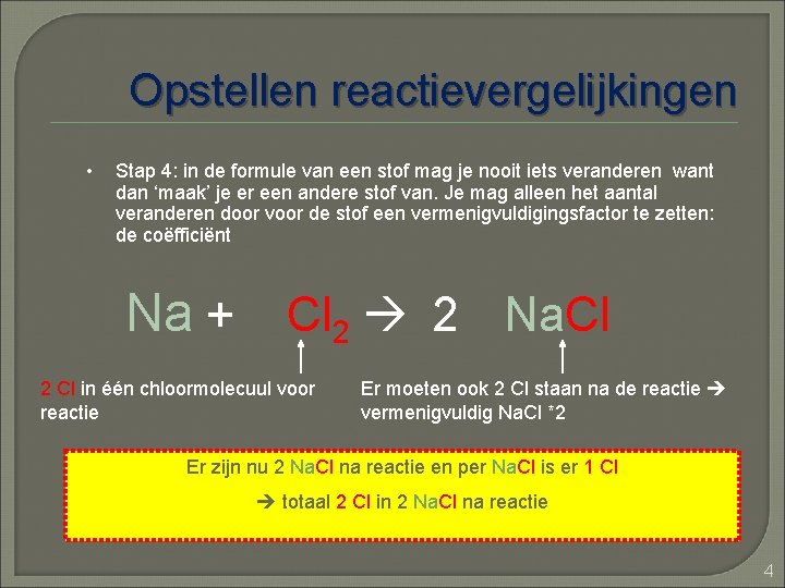 Opstellen reactievergelijkingen • Stap 4: in de formule van een stof mag je nooit