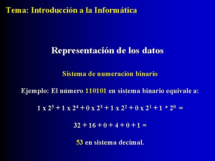 Tema: Introducción a la Informática Representación de los datos Sistema de numeración binario Ejemplo:
