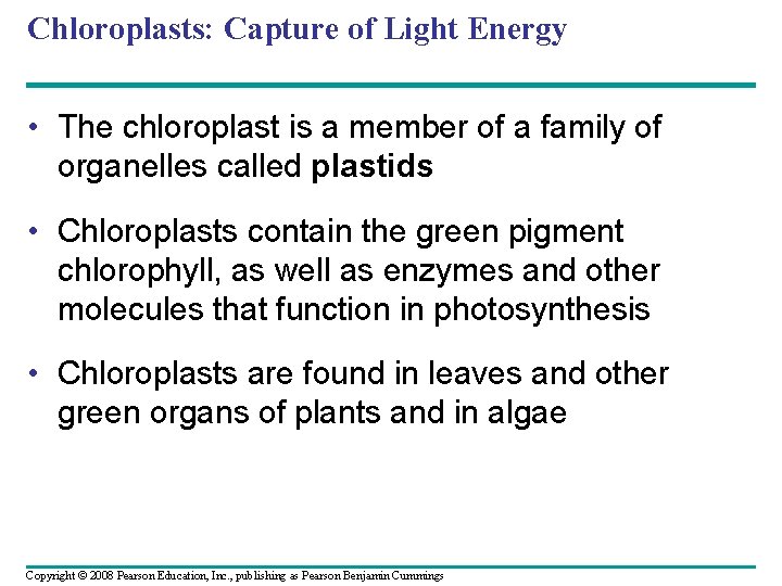 Chloroplasts: Capture of Light Energy • The chloroplast is a member of a family Chloroplasts: Capture of Light Energy • The chloroplast is a member of a family
