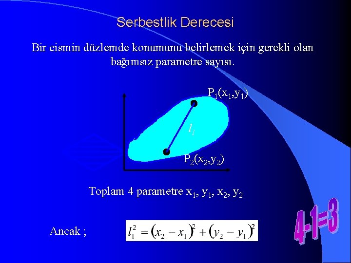 Serbestlik Derecesi Bir cismin düzlemde konumunu belirlemek için gerekli olan bağımsız parametre sayısı. P