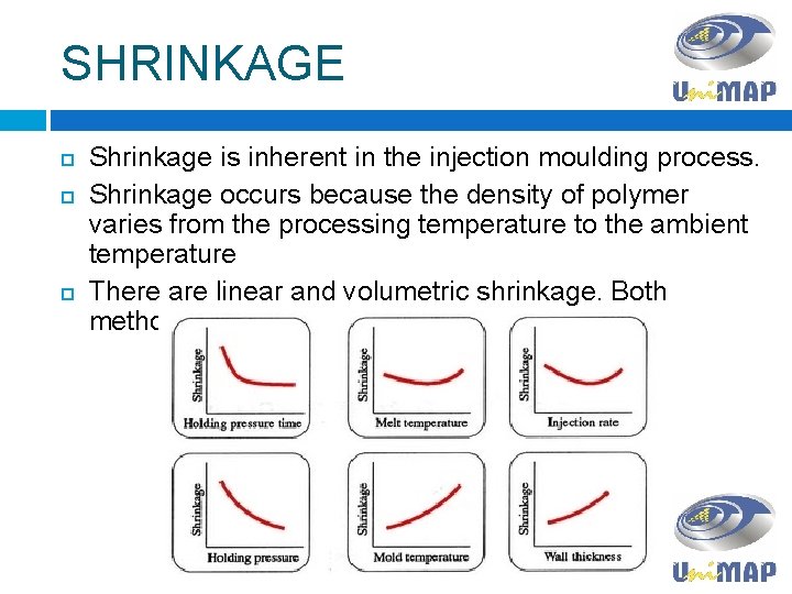 SHRINKAGE Shrinkage is inherent in the injection moulding process. Shrinkage occurs because the density