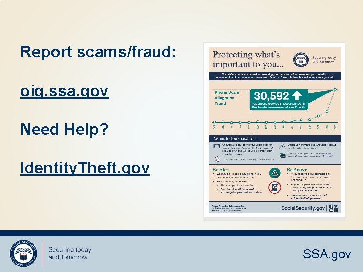 Report scams/fraud: oig. ssa. gov Need Help? Identity. Theft. gov SSA. gov 