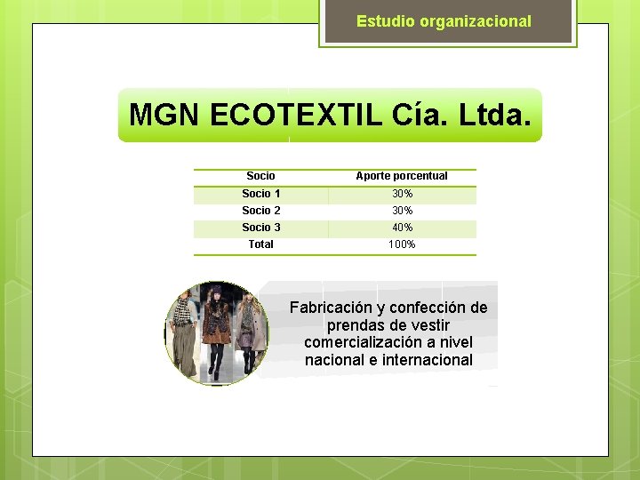 Estudio organizacional MGN ECOTEXTIL Cía. Ltda. Socio Aporte porcentual Socio 1 30% Socio 2