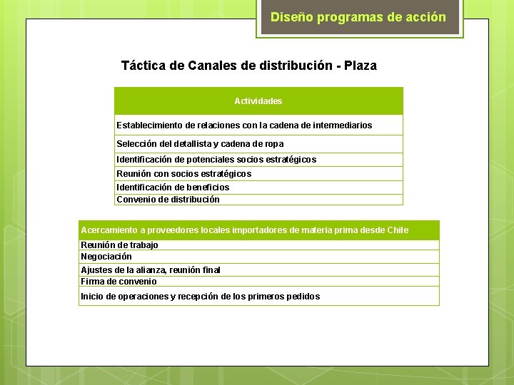 Diseño programas de acción Táctica de Canales de distribución - Plaza Actividades Establecimiento de
