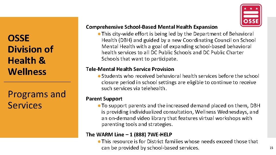 OSSE Division of Health & Wellness Programs and Services Comprehensive School-Based Mental Health Expansion