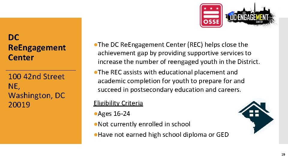 DC Re. Engagement Center 100 42 nd Street NE, Washington, DC 20019 ●The DC