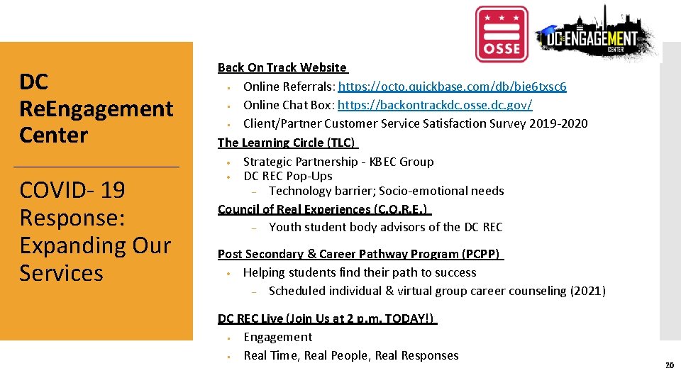 DC Re. Engagement Center COVID- 19 Response: Expanding Our Services Back On Track Website