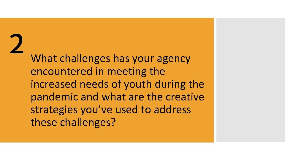 2 What challenges has your agency encountered in meeting the increased needs of youth