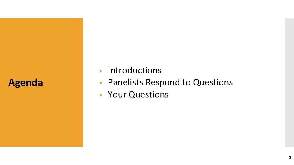  • Agenda • • Introductions Panelists Respond to Questions Your Questions 3 