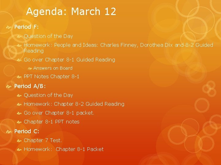 Agenda: March 12 Period F: Question of the Day Homework: People and Ideas: Charles