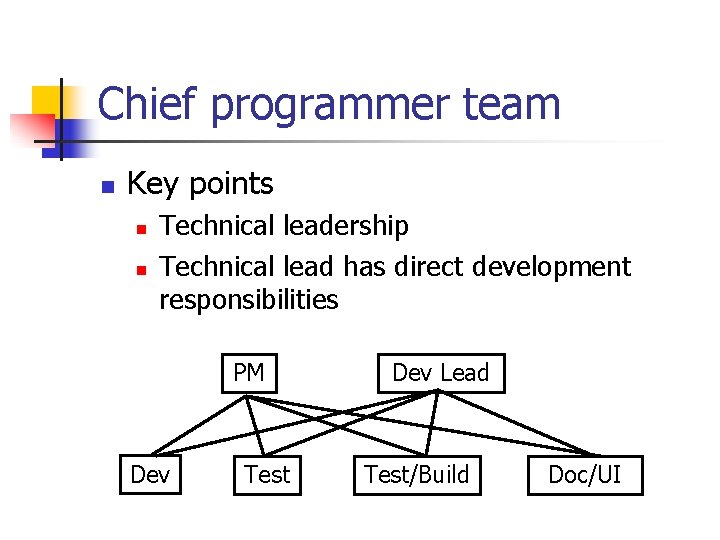 Chief programmer team n Key points n n Technical leadership Technical lead has direct