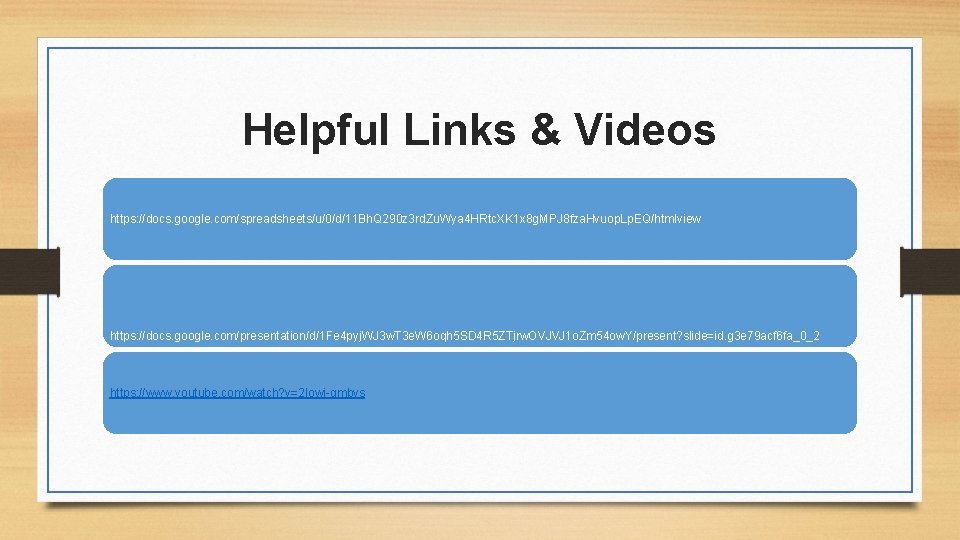 Helpful Links & Videos https: //docs. google. com/spreadsheets/u/0/d/11 Bh. Q 290 z 3 rd.