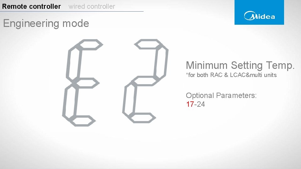 Remote controller wired controller Engineering mode Minimum Setting Temp. *for both RAC & LCAC&multi Remote controller wired controller Engineering mode Minimum Setting Temp. *for both RAC & LCAC&multi