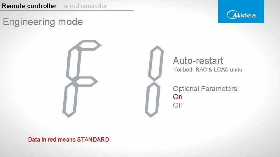 Remote controller wired controller Engineering mode Auto-restart *for both RAC & LCAC units Optional Remote controller wired controller Engineering mode Auto-restart *for both RAC & LCAC units Optional