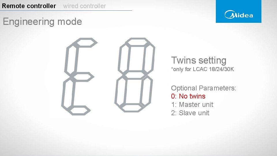 Remote controller wired controller Engineering mode Twins setting *only for LCAC 18/24/30 K Optional Remote controller wired controller Engineering mode Twins setting *only for LCAC 18/24/30 K Optional