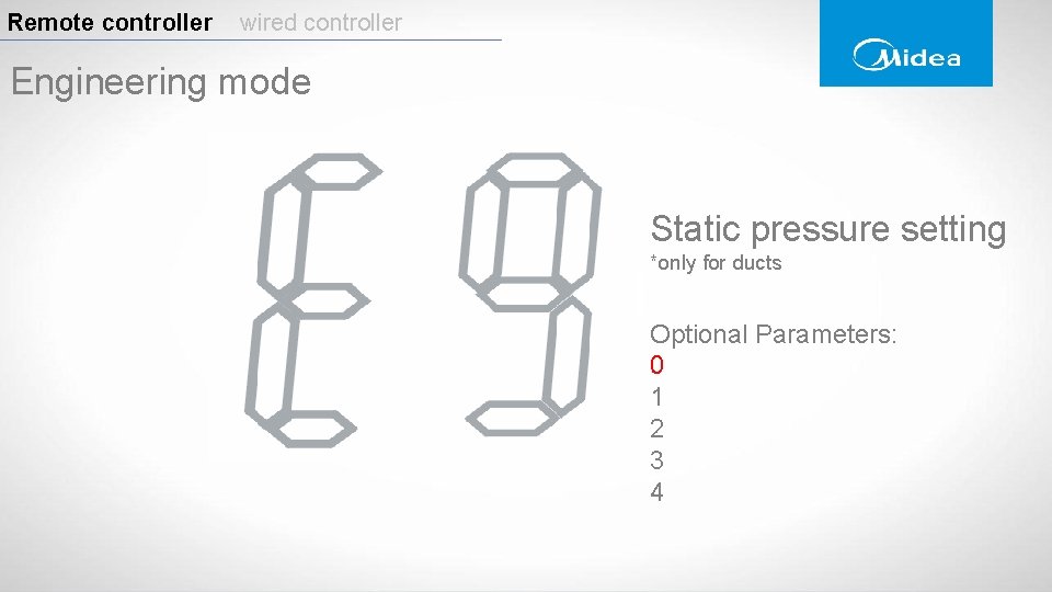 Remote controller wired controller Engineering mode Static pressure setting *only for ducts Optional Parameters: Remote controller wired controller Engineering mode Static pressure setting *only for ducts Optional Parameters: