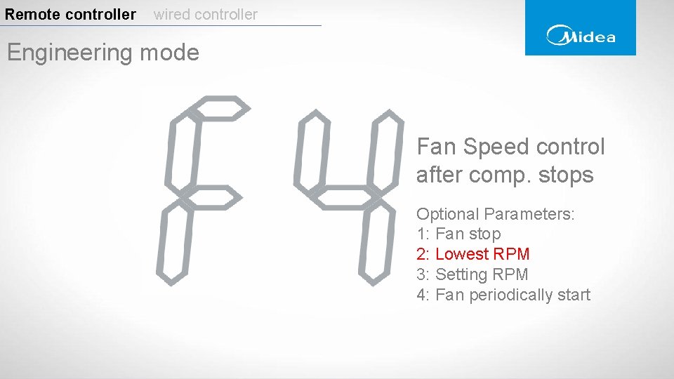 Remote controller wired controller Engineering mode Fan Speed control after comp. stops Optional Parameters: Remote controller wired controller Engineering mode Fan Speed control after comp. stops Optional Parameters: