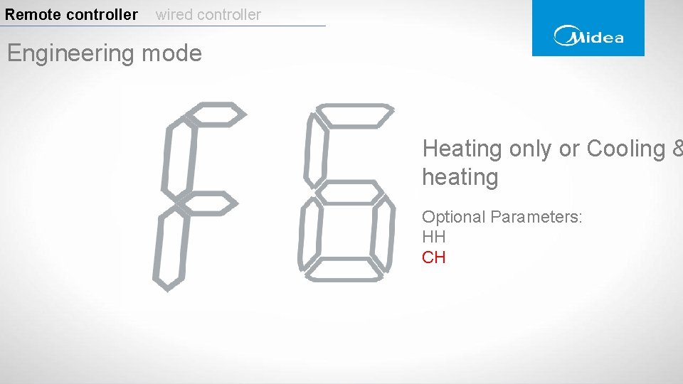 Remote controller wired controller Engineering mode Heating only or Cooling & heating Optional Parameters: Remote controller wired controller Engineering mode Heating only or Cooling & heating Optional Parameters: