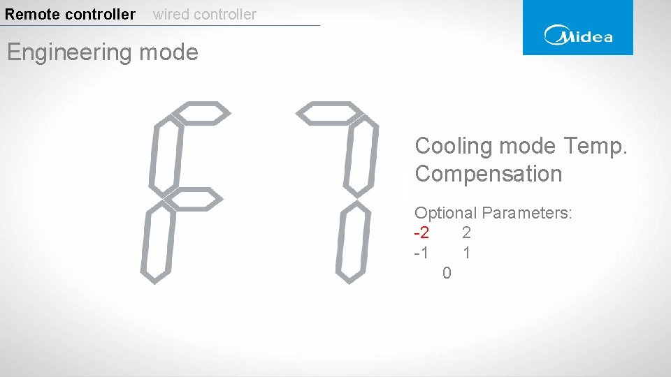 Remote controller wired controller Engineering mode Cooling mode Temp. Compensation Optional Parameters: -2 2 Remote controller wired controller Engineering mode Cooling mode Temp. Compensation Optional Parameters: -2 2