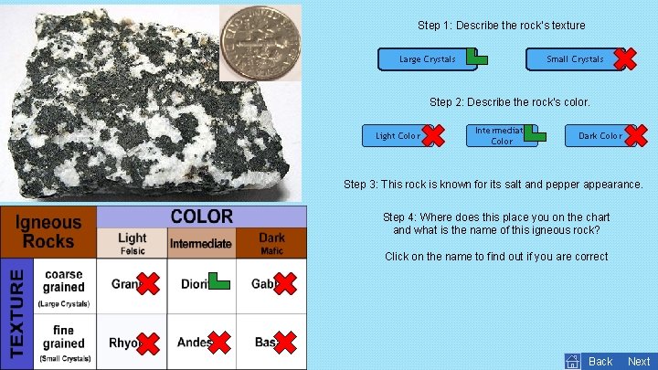 Step 1: Describe the rock’s texture Large Crystals Small Crystals Step 2: Describe the