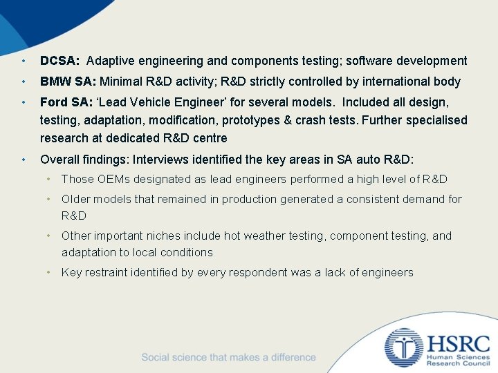  • DCSA: Adaptive engineering and components testing; software development • BMW SA: Minimal