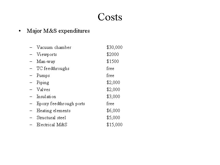 Costs • Major M&S expenditures – – – Vacuum chamber Viewports Man-way TC feedthroughs